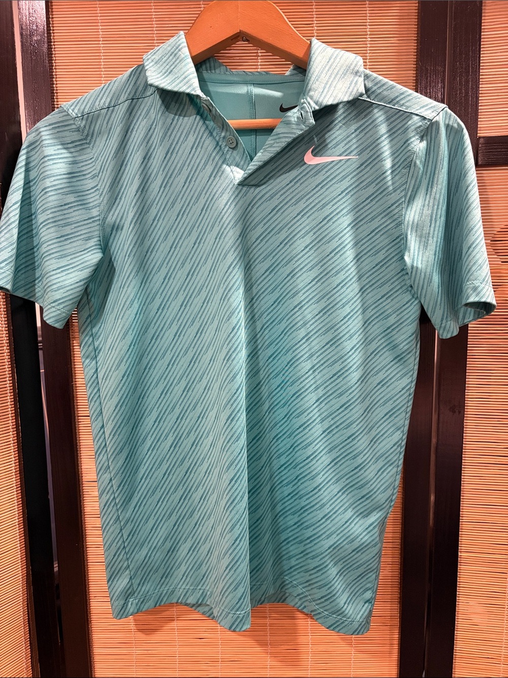 Nike Teal Striped Golf Polo with Pink Swoosh